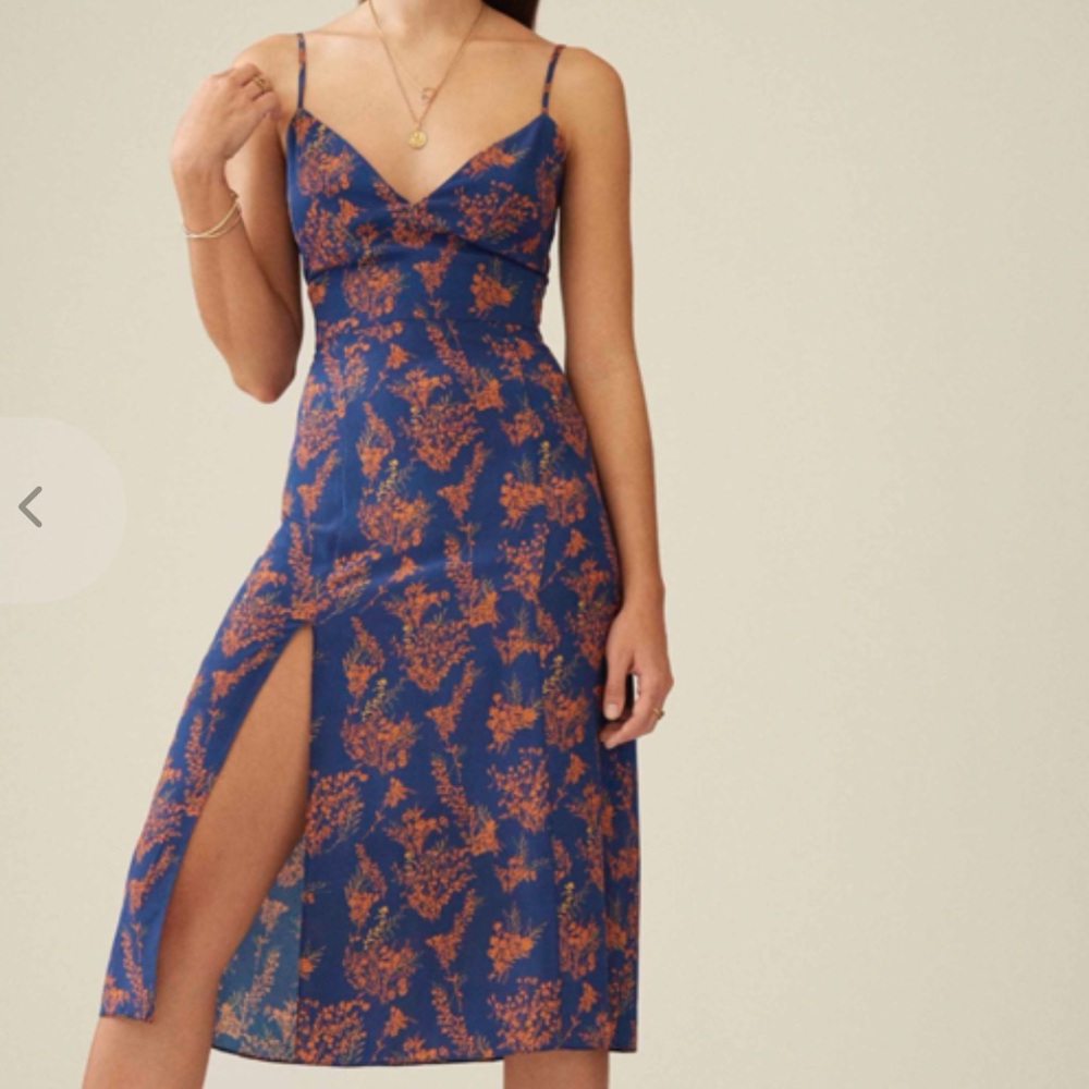 La Femme Apero Fitted Slip Slit Dress Blue and Orange Floral Midi Satin